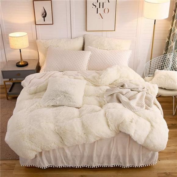 Luxury Plush Shaggy Duvet Cover Set (1 Faux Fur Duvet Cover + 1 Pompoms Fringe)